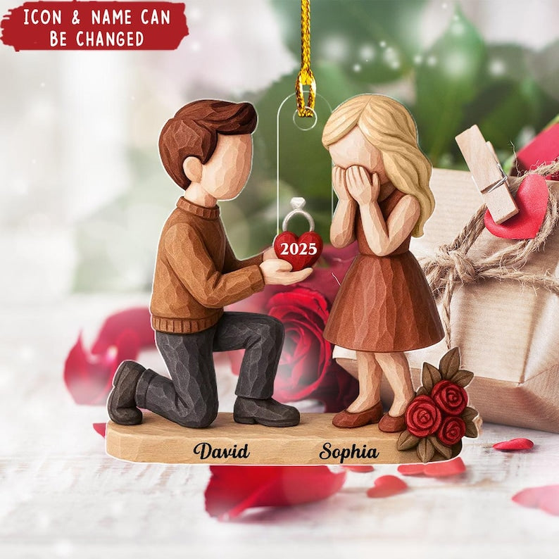 Personalized Couple Marriage Proposal 2D Flat Ornament, Custom She Said Yes Acrylic Ornament, Engagement Gift For Couples, Romantic Keepsake
