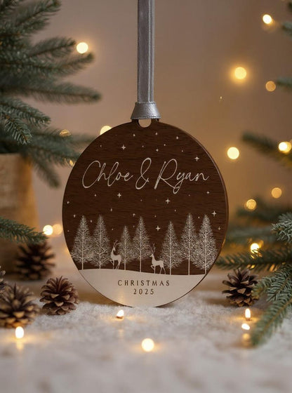 Personalised Wooden Couples Christmas Ornament Bauble, Keepsake Christmas Decoration for Girlfriend or Boyfriend