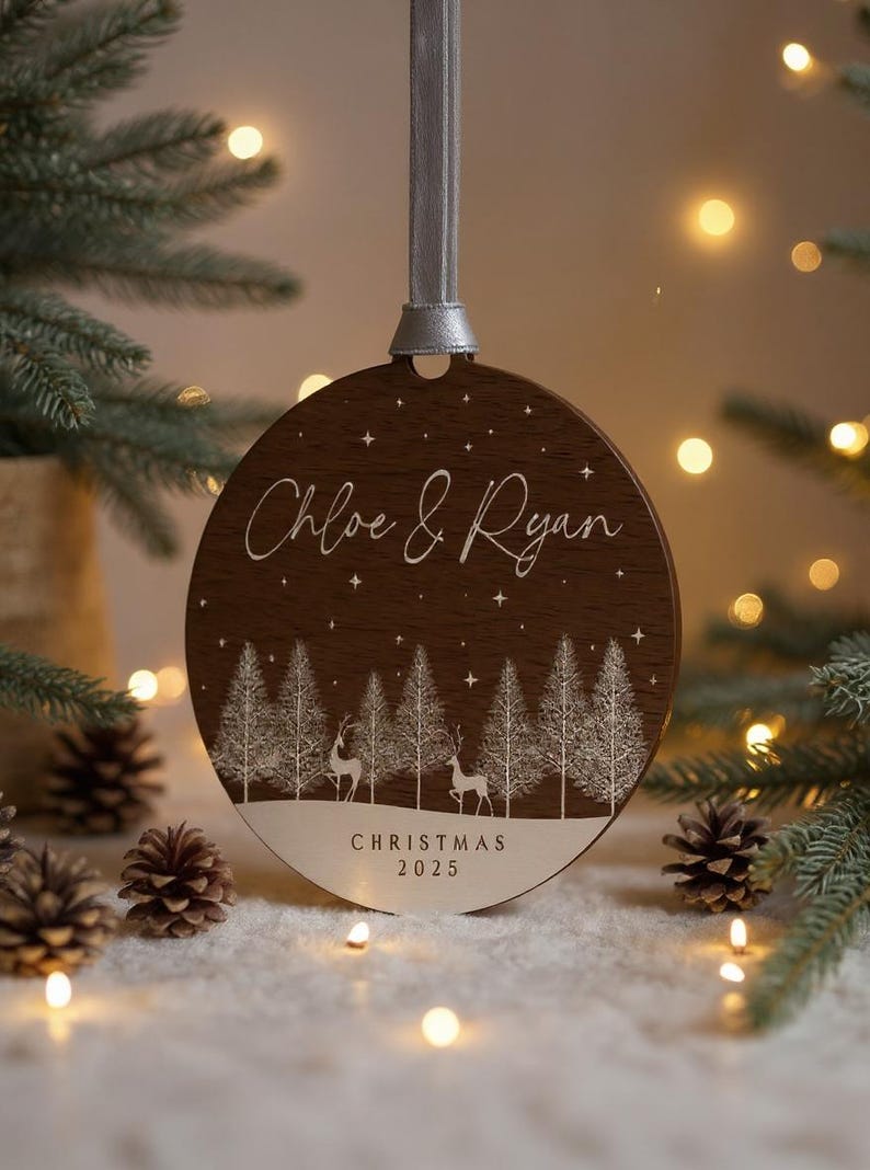 Personalised Wooden Couples Christmas Ornament Bauble, Keepsake Christmas Decoration for Girlfriend or Boyfriend