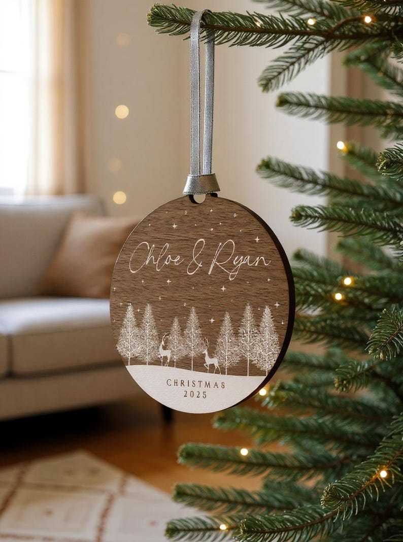 Personalised Wooden Couples Christmas Ornament Bauble, Keepsake Christmas Decoration for Girlfriend or Boyfriend