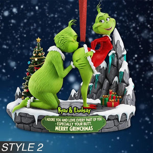 Personalized Merry Grinchmas Mr Mrs 2D Flat Ornament, Green Monster Couple Christmas Ornament, Green Couple Ornament Anniversary Gift