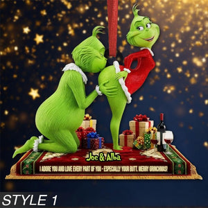 Personalized Merry Grinchmas Mr Mrs 2D Flat Ornament, Green Monster Couple Christmas Ornament, Green Couple Ornament Anniversary Gift