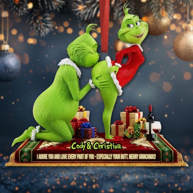 Personalized Merry Grinchmas Mr Mrs 2D Flat Ornament, Green Monster Couple Christmas Ornament, Green Couple Ornament Anniversary Gift