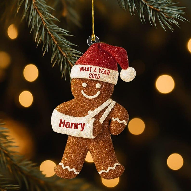 Injury Christmas 3D Glitter Custom Name Ornament, Funny Gingerbread Xmas Ornament, Broken Arm Holiday Decor, What a Year 2025 Ornament Gift