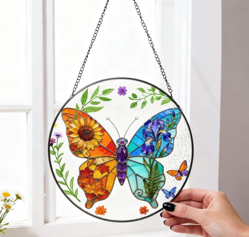 Charming Butterfly Sun Catcher Stained Glass Sunflower Iris Flower Garden Autumn Window Hanging Glass Ornament Mom Gift