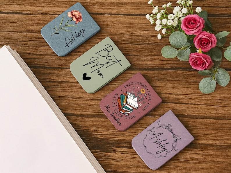 Birth Flower Magnetic Bookmark, Custom Name Leather Bookmark Personalized Bookmark with Name, Book Lover Christmas Gift Women Book Accessory