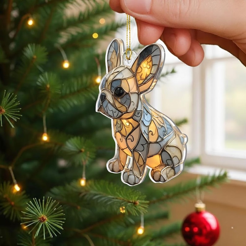 Merry Paws French Bulldog 2D FLAT Acrylic Ornament, Stained Effect Ornament, Holiday Tree Decoration Gift for Pet Lovers and Dog Owners