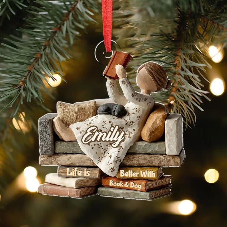 Just A Girl Who Loves Book n Dog 2D Acrylic Ornament, Bookish Christmas Ornaments, Book Lovers Ornament, Gift For Reader, Christmas Gifts