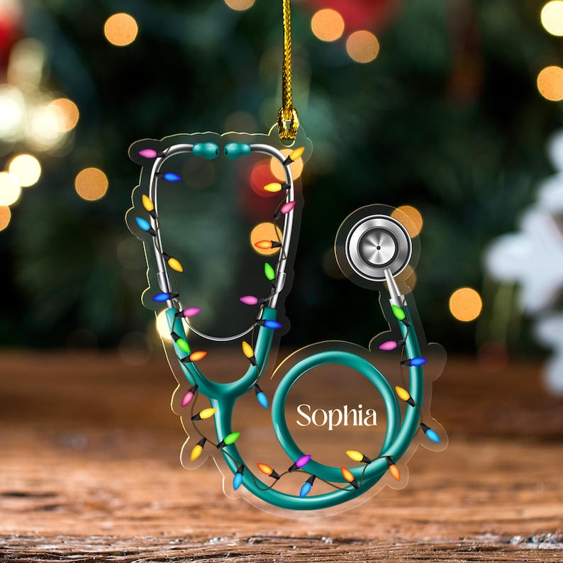 Stethoscope Ornament, Heart Shape Acrylic Xmas Tree Decor, Personalized Christmas Gift, Ideal Gift for Doctors Nurses Healthcare