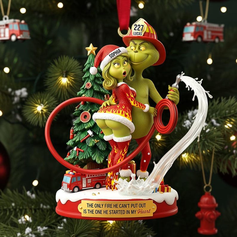 Funny Firefighter Green Monster Acrylic Ornament, Personalized Couple Christmas Gift, Custom Holiday Decoration