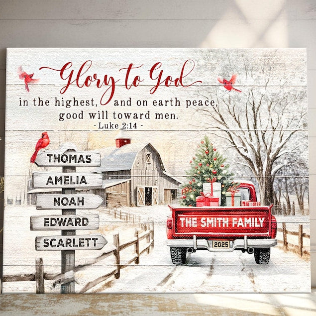 Personalized Family Christmas Canvas Wall Art, Glory To God In The Highest Wall Art 2025, Custom Name Red Truck Print, Family Name Canvas