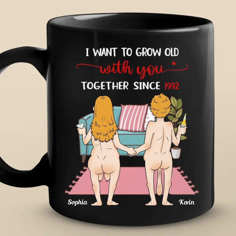Funny Couple Mug - Personalized Naked Cartoon Mug, Grow Old With You Custom Gift For Husband Wife, Anniversary Or Valentine s Gift