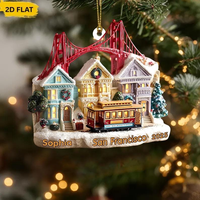 Personalized 2D FLAT (NOT 3D) acrylic San Francisco Ornament, Golden Gate Bridge & Cable Car Christmas Decor, Custom Name and Year