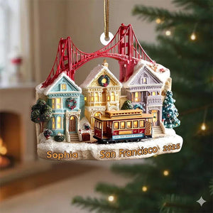 Personalized 2D FLAT (NOT 3D) acrylic San Francisco Ornament, Golden Gate Bridge & Cable Car Christmas Decor, Custom Name and Year