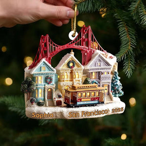 Personalized 2D FLAT (NOT 3D) acrylic San Francisco Ornament, Golden Gate Bridge & Cable Car Christmas Decor, Custom Name and Year