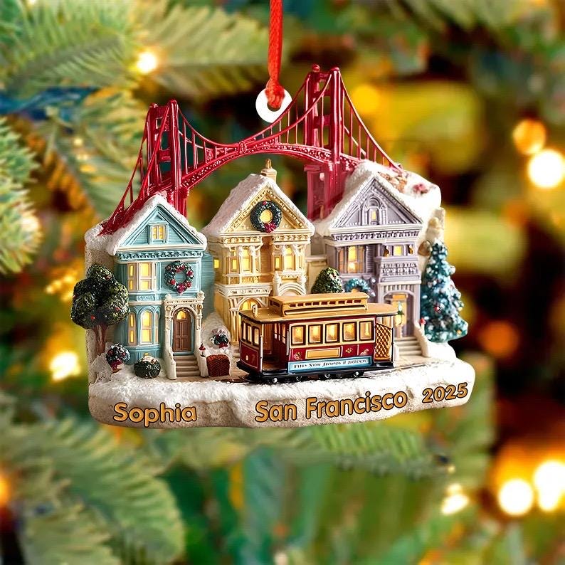 Personalized 2D FLAT (NOT 3D) acrylic San Francisco Ornament, Golden Gate Bridge & Cable Car Christmas Decor, Custom Name and Year