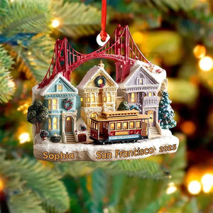 Personalized 2D FLAT (NOT 3D) acrylic San Francisco Ornament, Golden Gate Bridge & Cable Car Christmas Decor, Custom Name and Year