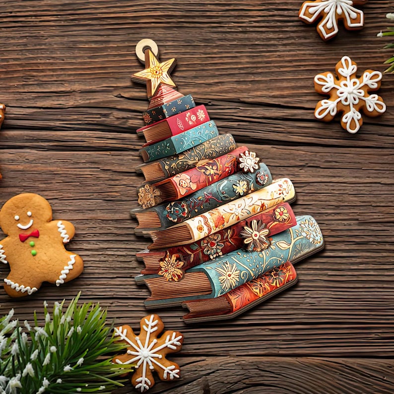 Christmas Book Tree Wood Ornament Custom Name, Christmas Tree Book Gift, Book Lover Gift, Book Club Ornament, Bookish Ornament, Book Exchange Gifts