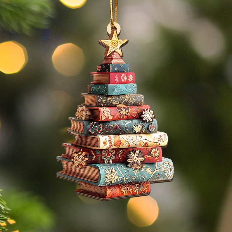Christmas Book Tree Wood Ornament Custom Name, Christmas Tree Book Gift, Book Lover Gift, Book Club Ornament, Bookish Ornament, Book Exchange Gifts