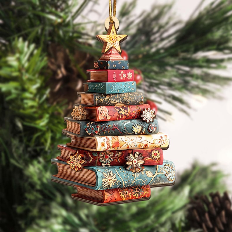 Christmas Book Tree Wood Ornament Custom Name, Christmas Tree Book Gift, Book Lover Gift, Book Club Ornament, Bookish Ornament, Book Exchange Gifts