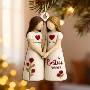 Custom Besties On Moon 3D Effect Roses Wood Ornament, Christmas Friendship Ornament, Besties Christmas Keepsake, Best Friends Home Decor