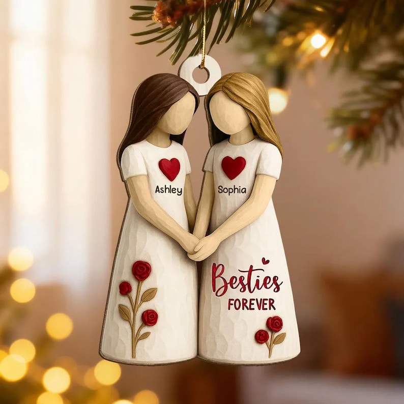 Custom Besties On Moon 3D Effect Roses Wood Ornament, Christmas Friendship Ornament, Besties Christmas Keepsake, Best Friends Home Decor