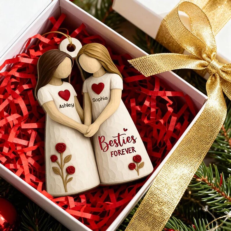 Custom Besties On Moon 3D Effect Roses Wood Ornament, Christmas Friendship Ornament, Besties Christmas Keepsake, Best Friends Home Decor