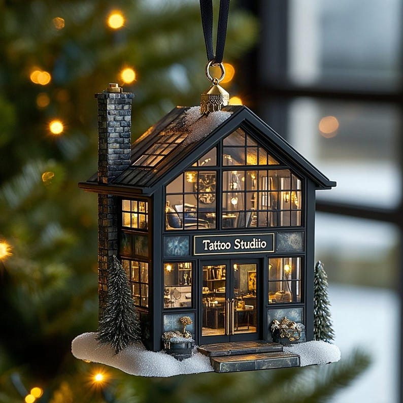 Tattoo Studio 2D FLAT ORNAMENT With Gothic Shop Design, Christmas Tree Decoration, Holiday Gift For Tattoo Artists & Ink Lovers