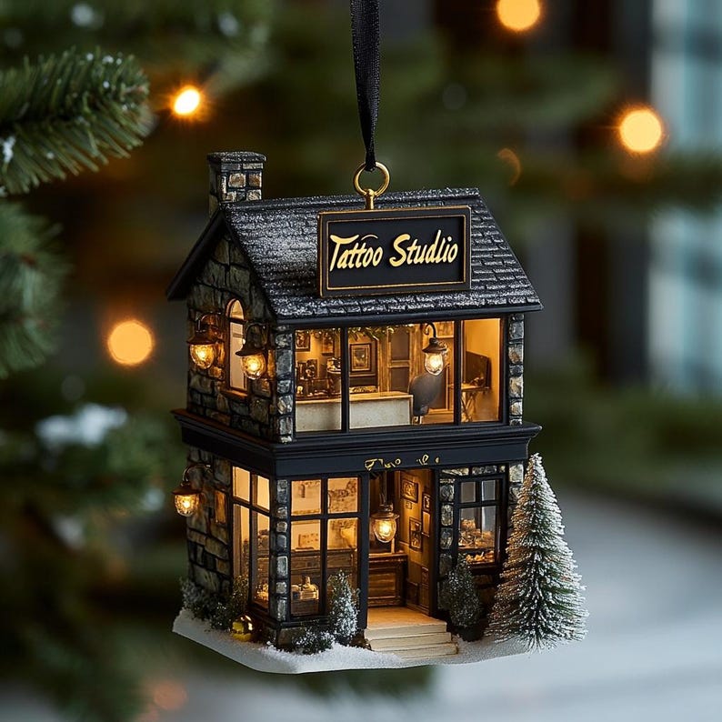 Tattoo Studio 2D FLAT ORNAMENT With Gothic Shop Design, Christmas Tree Decoration, Holiday Gift For Tattoo Artists & Ink Lovers