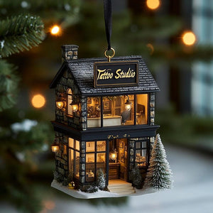 Tattoo Studio 2D FLAT ORNAMENT With Gothic Shop Design, Christmas Tree Decoration, Holiday Gift For Tattoo Artists & Ink Lovers