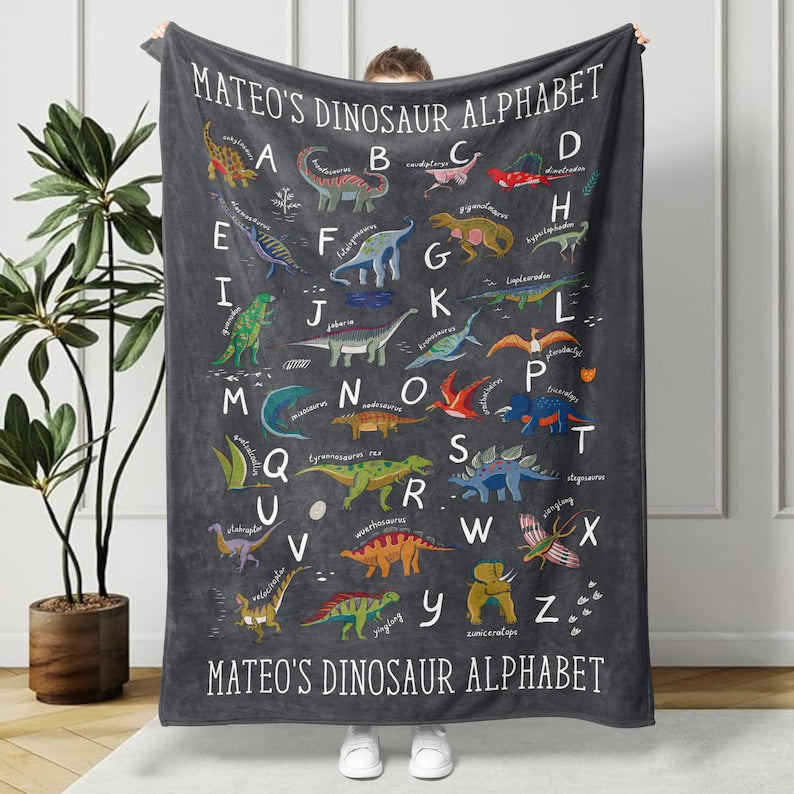 Personalized Dinosaur Alphabet Blanket, Custom Kids Blanket, Baby Blanket, Gift for Kids, Boys Birthday Gift