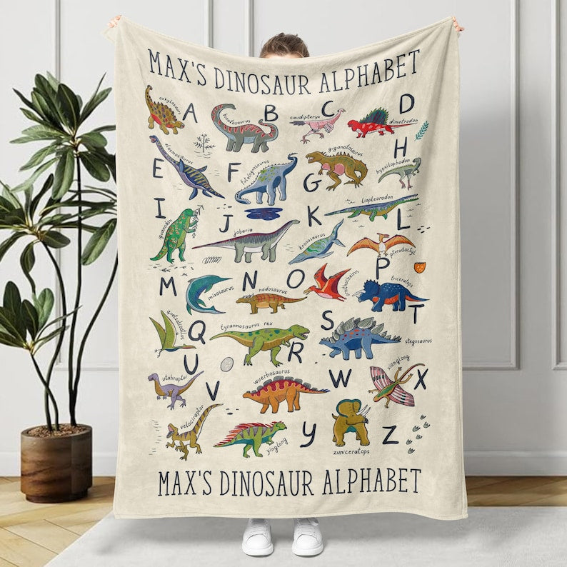 Personalized Dinosaur Alphabet Blanket, Custom Kids Blanket, Baby Blanket, Gift for Kids, Boys Birthday Gift