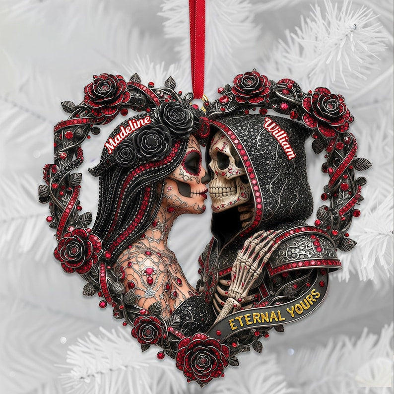 Personalized Skull Couple Christmas Ornament, Spooky Couple Ornament, Skeleton Couple Gift, Gifts For Goth Couple, Gothic Couple Keepsake