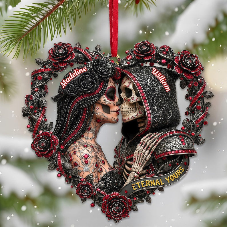 Personalized Skull Couple Christmas Ornament, Spooky Couple Ornament, Skeleton Couple Gift, Gifts For Goth Couple, Gothic Couple Keepsake