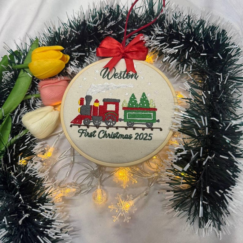Personalized Baby’s First Christmas Ornament 2025, Custom Embroidered Train Hoop Decor, Newborn Keepsake Gift, Nursery Holiday Decoration