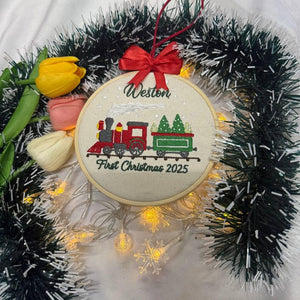 Personalized Baby’s First Christmas Ornament 2025, Custom Embroidered Train Hoop Decor, Newborn Keepsake Gift, Nursery Holiday Decoration