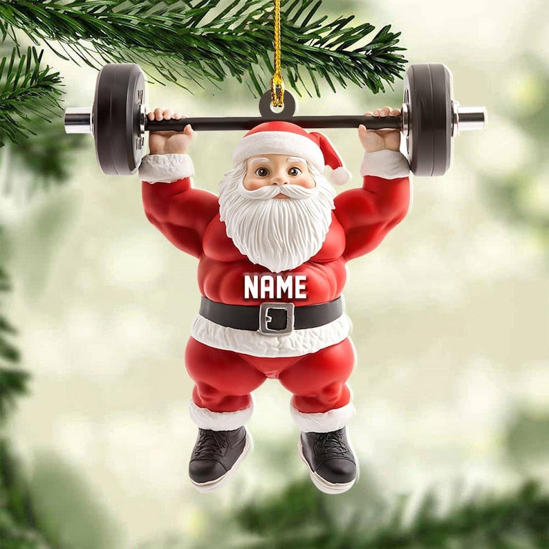 Personalized Santa Ornament, Custom Gym Santa Christmas Decor, Funny Holiday Keepsake, Fitness Gift for Him, Weightlifting Santa