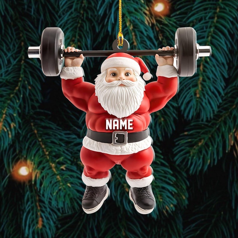 Personalized Santa Ornament, Custom Gym Santa Christmas Decor, Funny Holiday Keepsake, Fitness Gift for Him, Weightlifting Santa