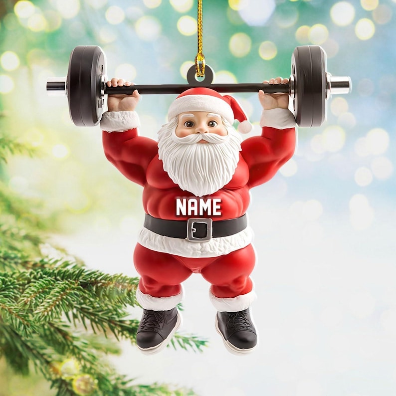 Personalized Santa Ornament, Custom Gym Santa Christmas Decor, Funny Holiday Keepsake, Fitness Gift for Him, Weightlifting Santa