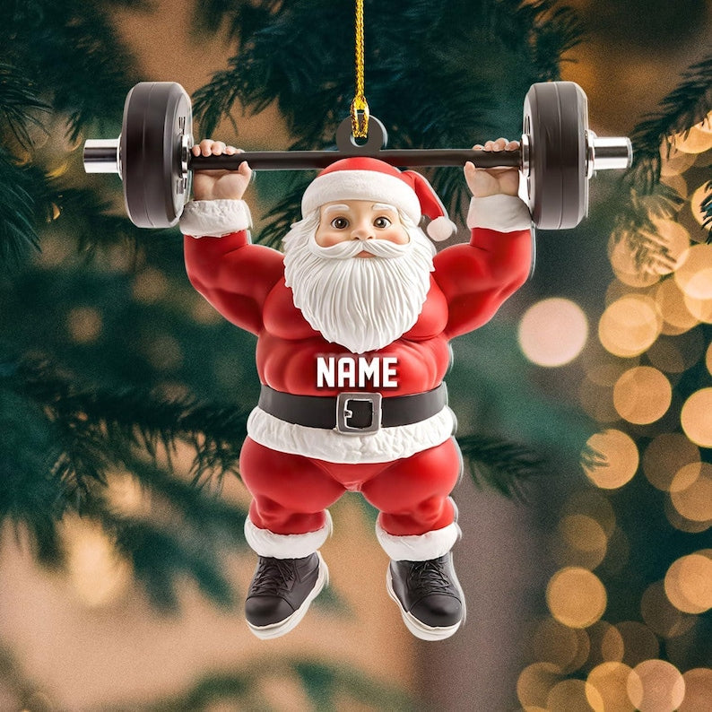 Personalized Santa Ornament, Custom Gym Santa Christmas Decor, Funny Holiday Keepsake, Fitness Gift for Him, Weightlifting Santa