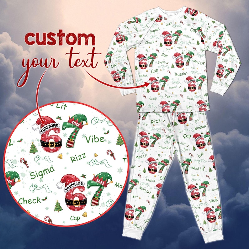 Personalized Six Seven Bruh Christmas Pajamas, Custom Name Bruh 67 Meme PJs, Viral Pajamas Set, Christmas Gift Pajamas for Kids & Adults