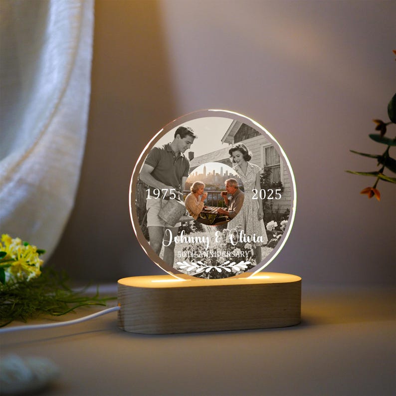 Personalized Then and Now Photo Night Light, 50th Anniversary LED Lamp, Golden Wedding Keepsake, Anniversary Gifts for Parents, Xmas Gifts