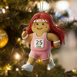 Custom Name Track Runner Gingerbread Ornament: Brunette Girl, Marathon Keepsake, Personalized Runner Ornament 2025