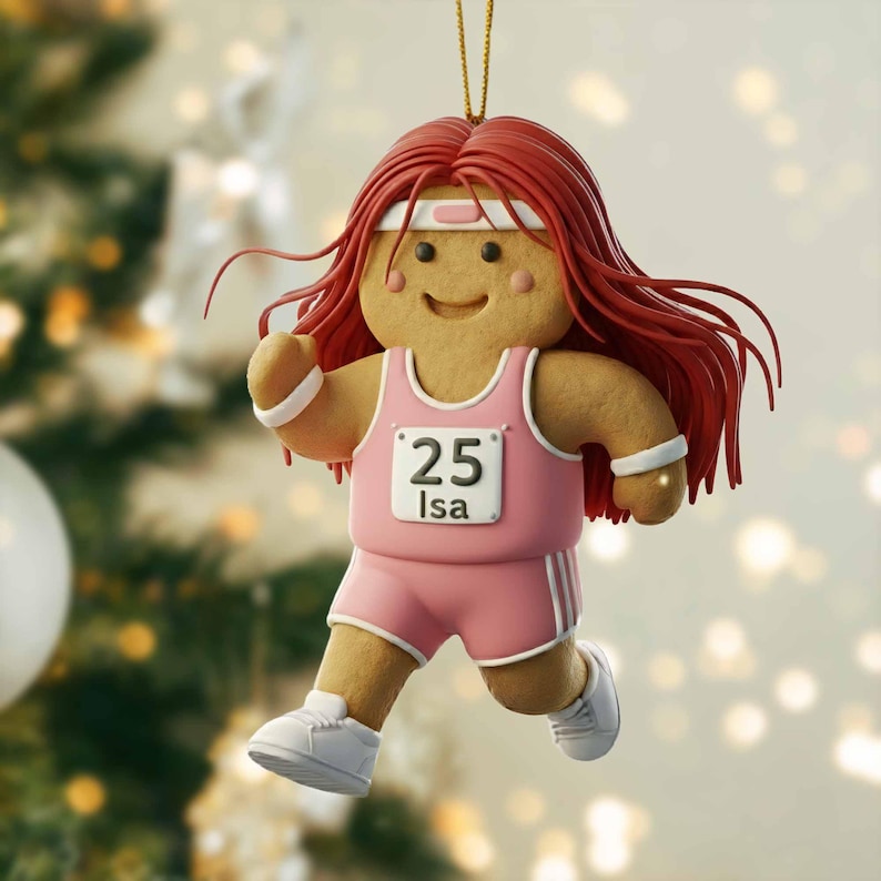 Custom Name Track Runner Gingerbread Ornament: Brunette Girl, Marathon Keepsake, Personalized Runner Ornament 2025