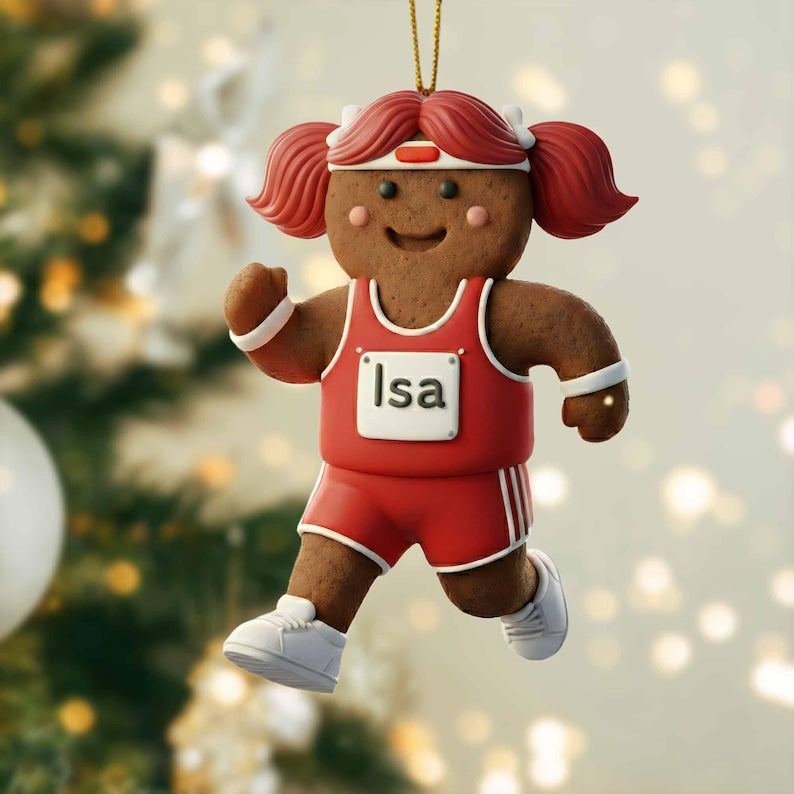 Custom Name Track Runner Gingerbread Ornament: Brunette Girl, Marathon Keepsake, Personalized Runner Ornament 2025