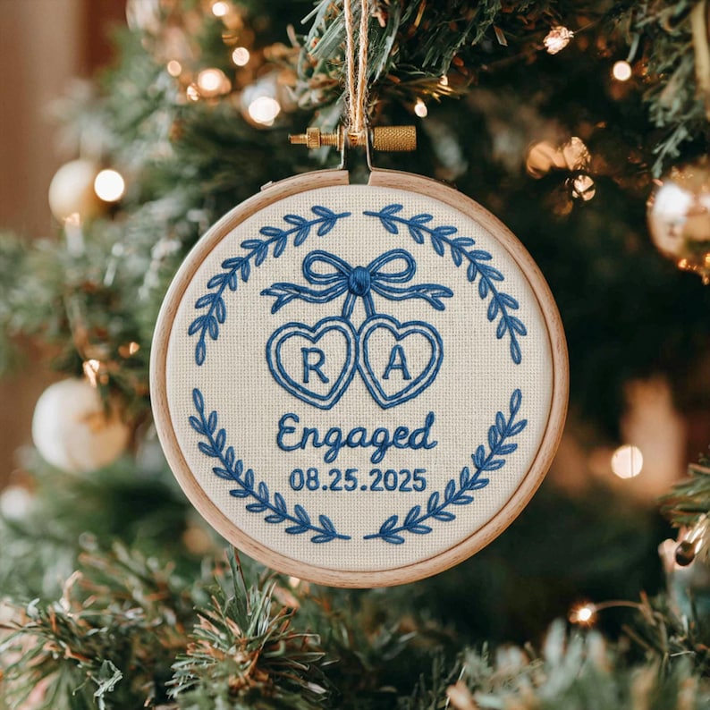 Personalized Embroidery Engagement Ornament, Chinoiserie Style Engaged Ornament, Custom Couple Name Hoop, Engaged Christmas Gift for Couple