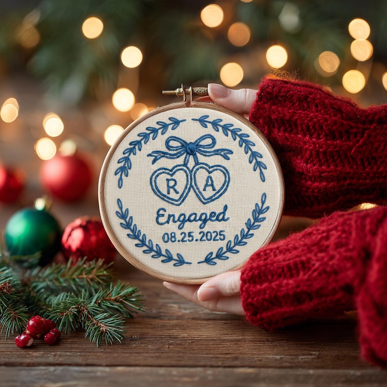 Personalized Embroidery Engagement Ornament, Chinoiserie Style Engaged Ornament, Custom Couple Name Hoop, Engaged Christmas Gift for Couple