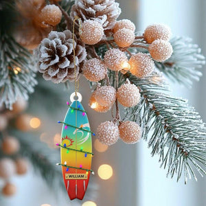 PERSONALIZABLE Surfboard Xmas Ornament, CUSTOMIZABLE Name Gift for Surfers, Beach Lovers, Summer Surf Tree Decor Keepsake for Him, Family
