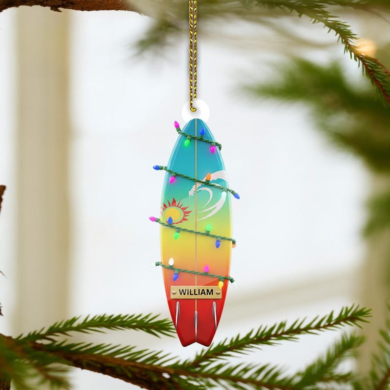 PERSONALIZABLE Surfboard Xmas Ornament, CUSTOMIZABLE Name Gift for Surfers, Beach Lovers, Summer Surf Tree Decor Keepsake for Him, Family