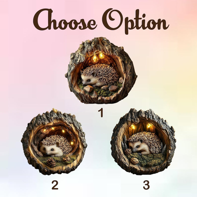 Woodland Hedgehog Ornament Bark log hollow, pinecones and moss, rustic ash-wood look, cozy Christmas tree style, 2D FLAT ornament